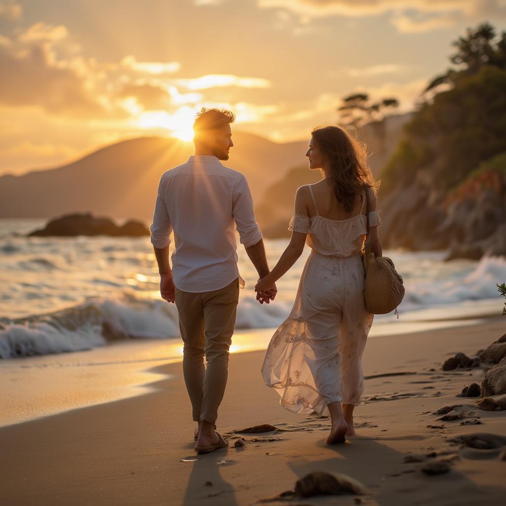 Couple Holding Hands Walking on Beach