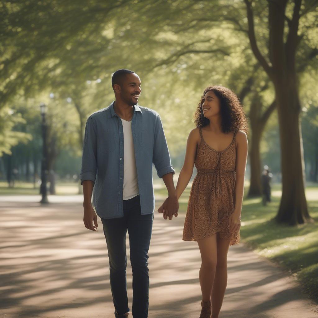 Couple holding hands walking in a park