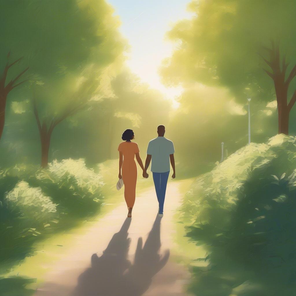 Couple holding hands and strolling through a park, symbolizing the simple joy of being together.