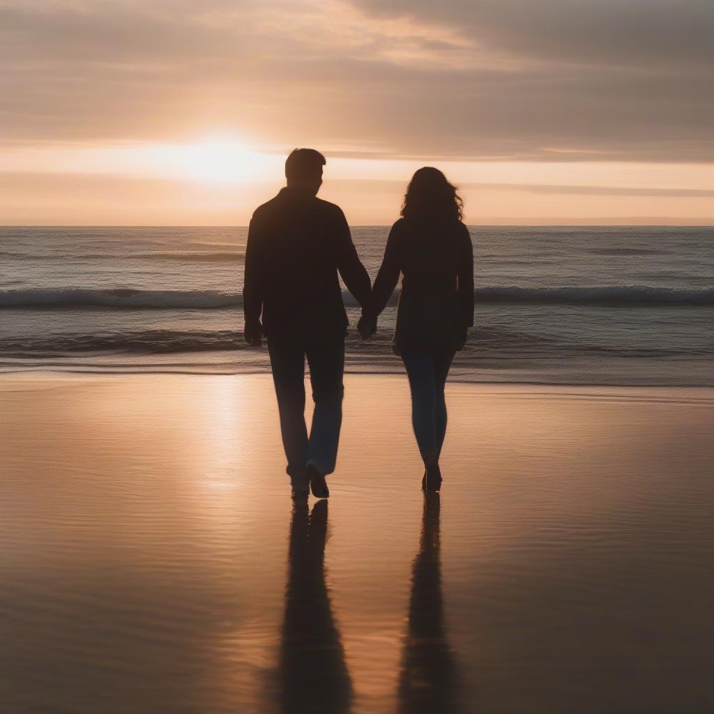 Couple walking hand-in-hand at sunset, representing lasting love.