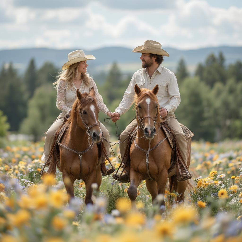 Couple on Horseback Riding Through a Field