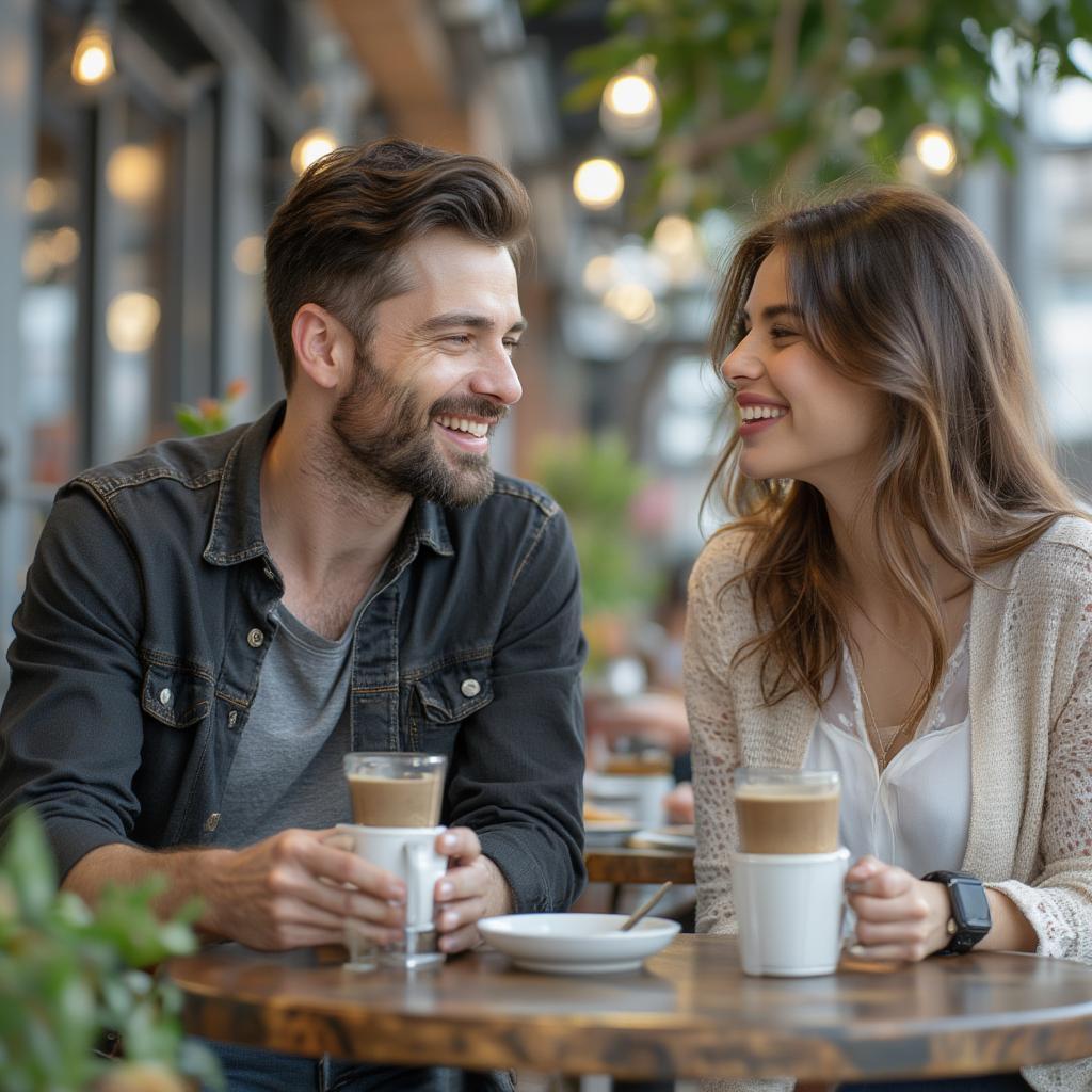 Couple laughing and enjoying coffee at a cafe