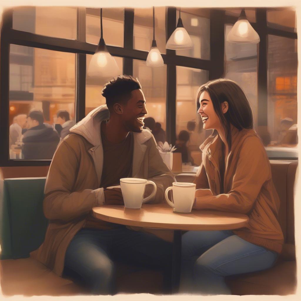 Couple Laughing Together in a Coffee Shop