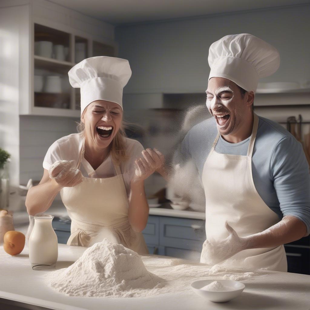 Couple laughing while cooking together