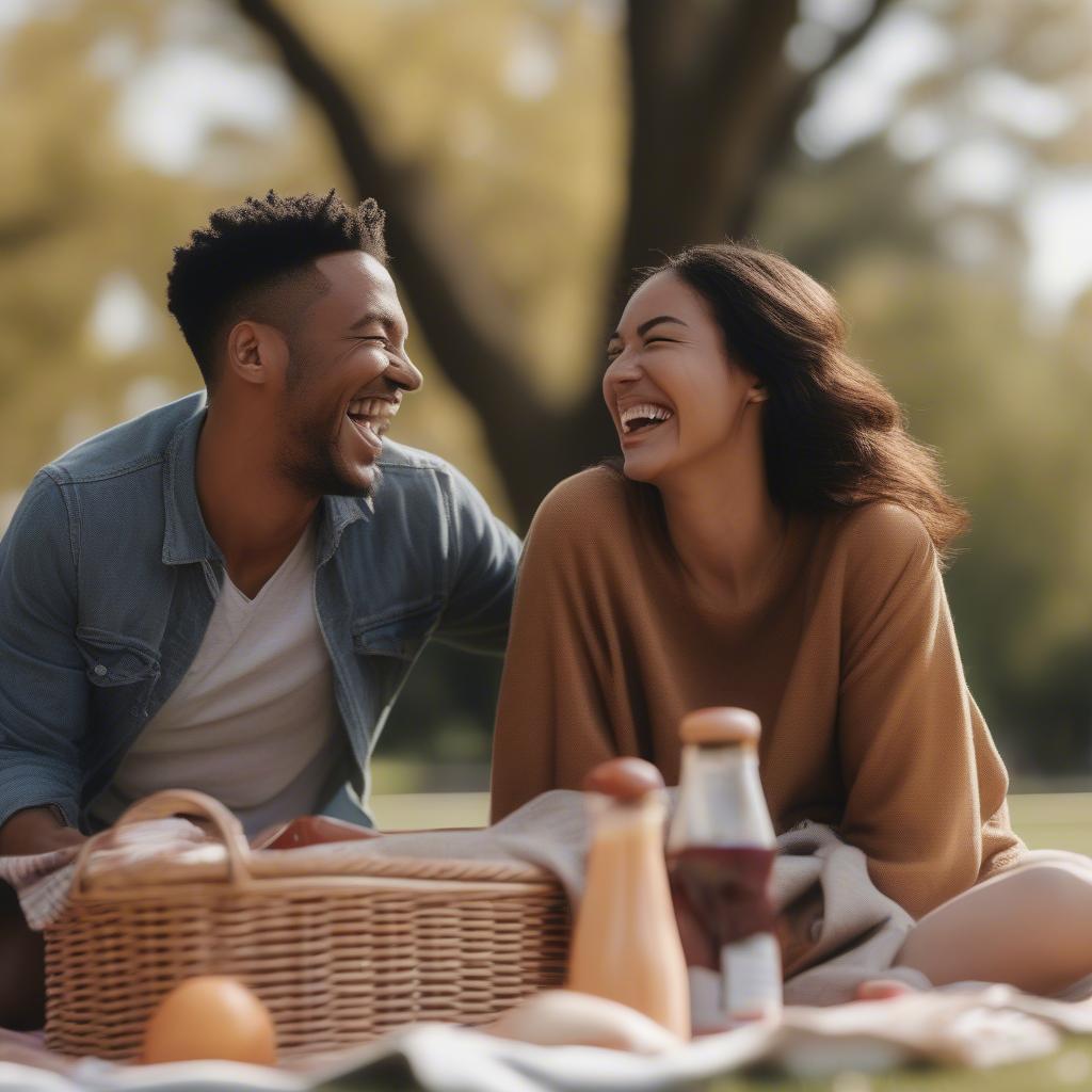 Couple laughing at a picnic.