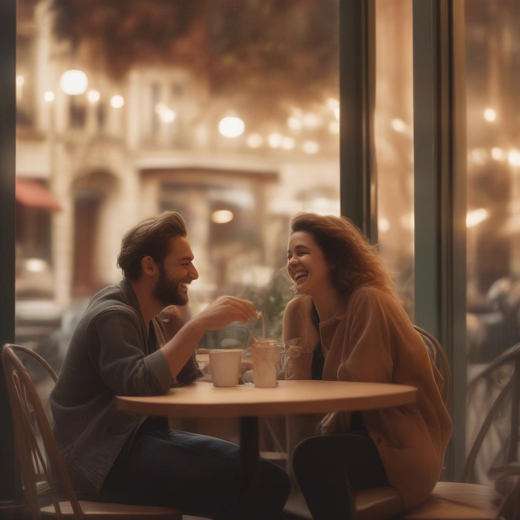 Couple sharing a laugh at a cafe, showing the happiness of being together.