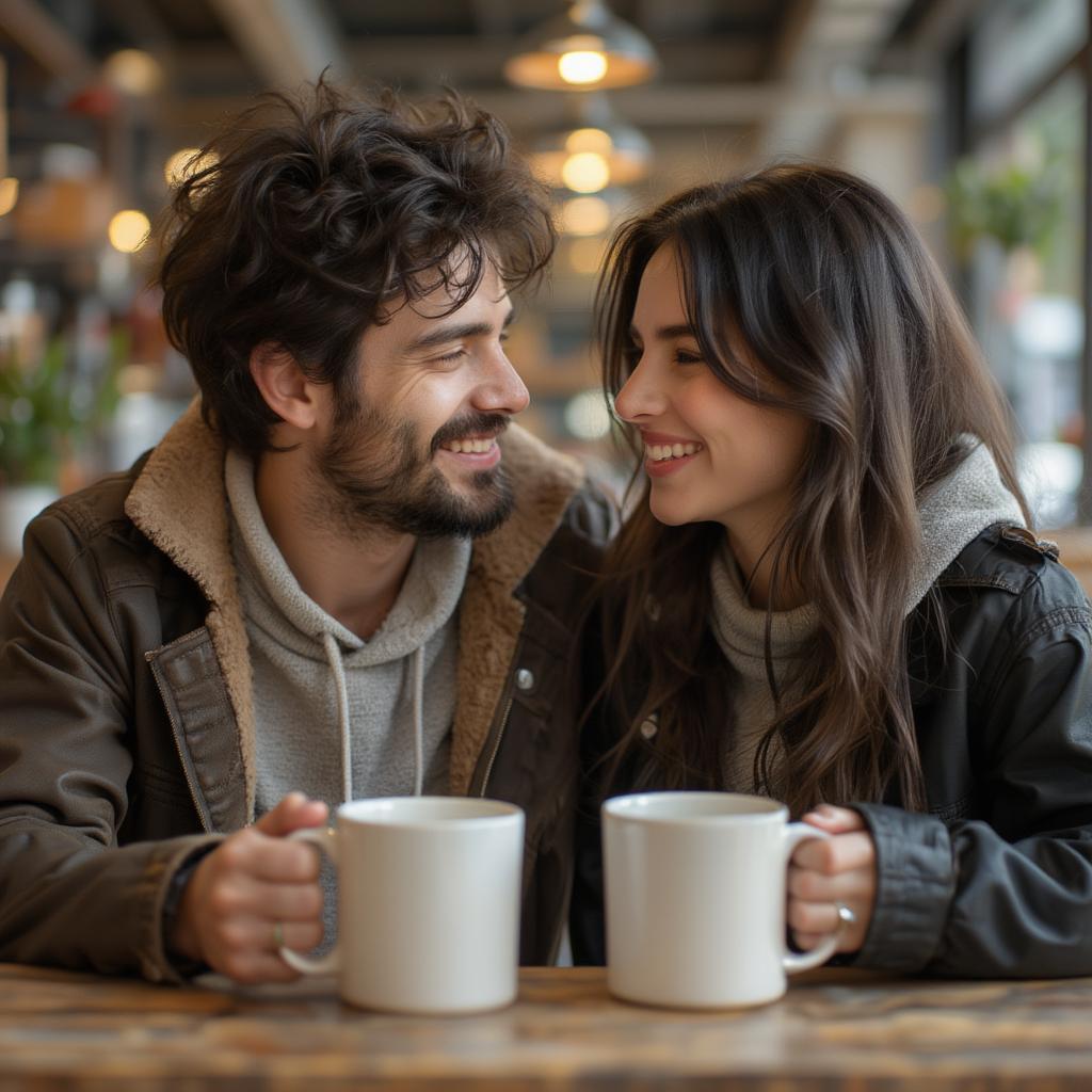 Couple Sharing a Laugh in a Cozy Cafe