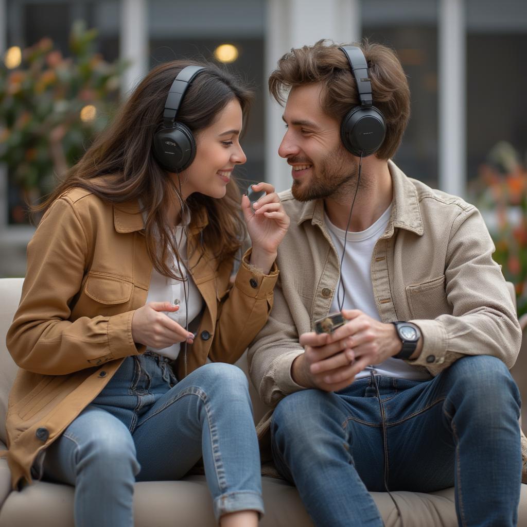 A couple listening to music together, connected through a shared love of the song.