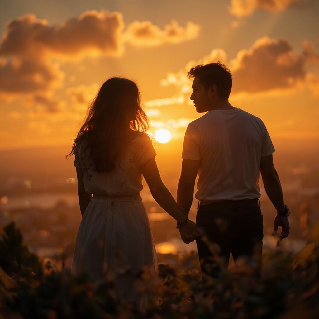 A couple praying together at sunset