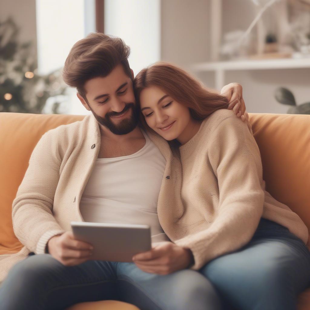 A couple cuddling and reading good morning messages on a tablet