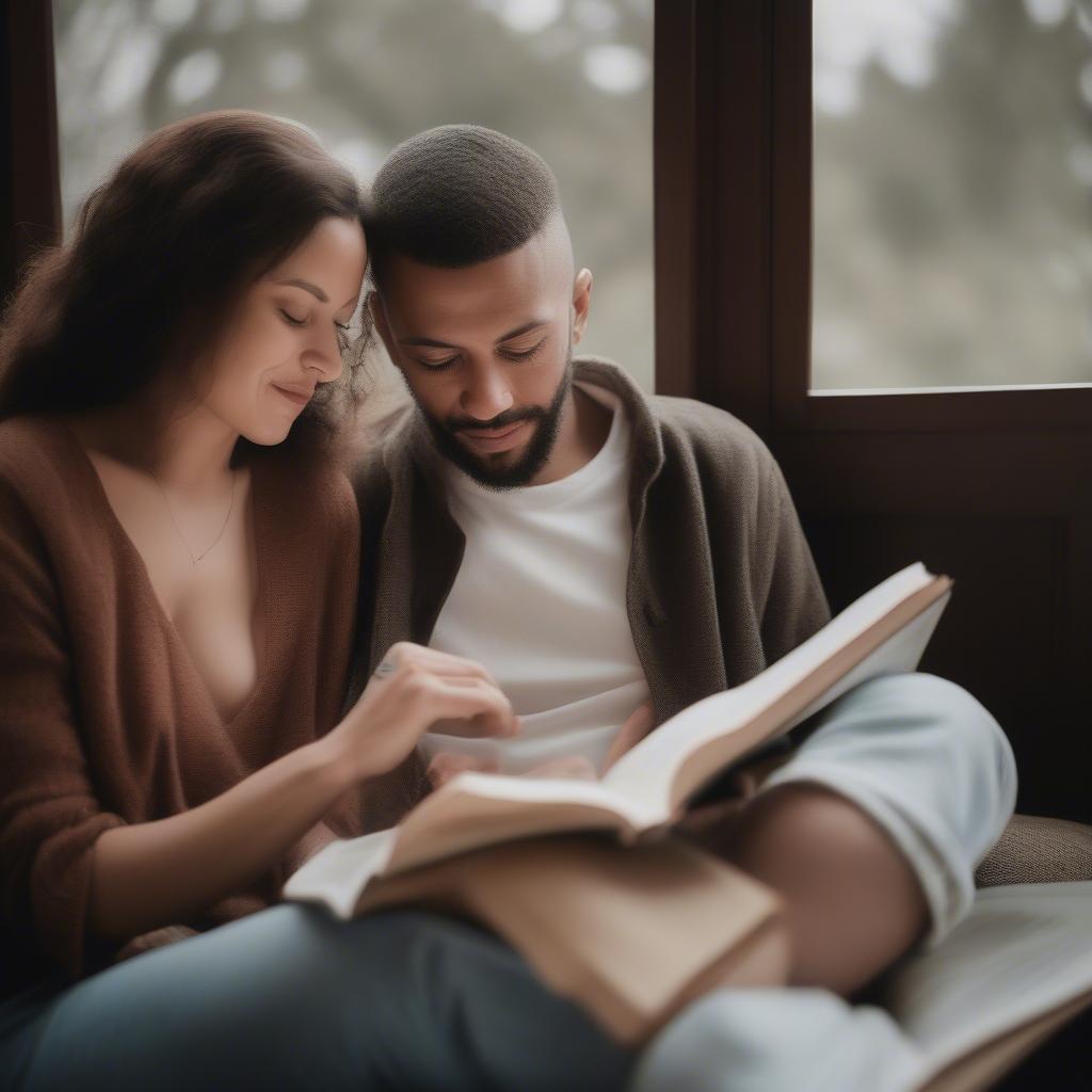 Couple reading love quotes together