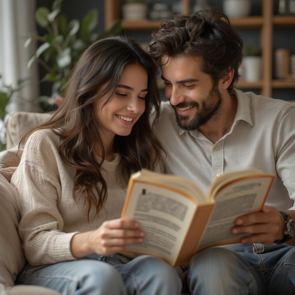 A couple sitting together, reading love quotes and enjoying each other's company.