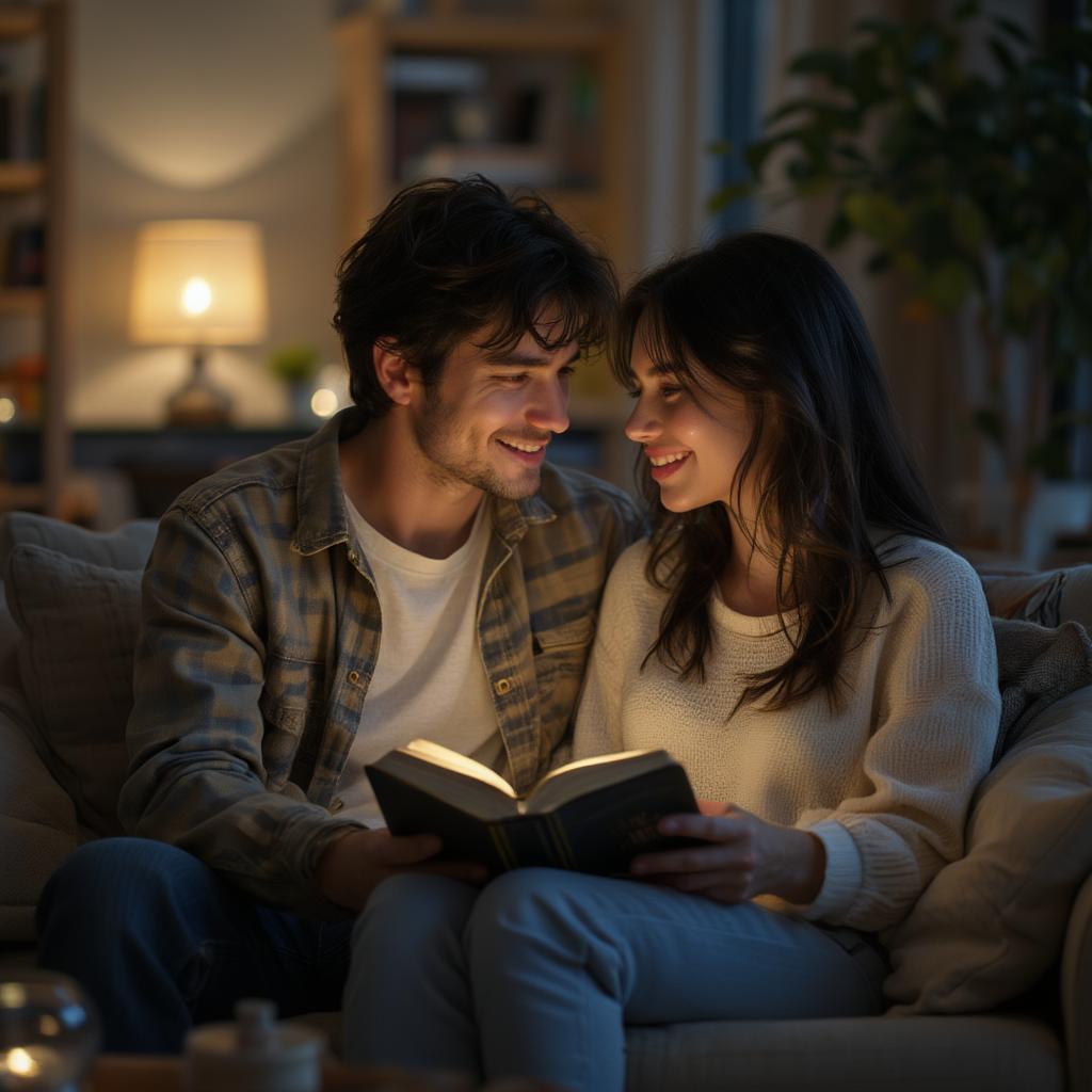 Couple sharing a book and smiling warmly at each other