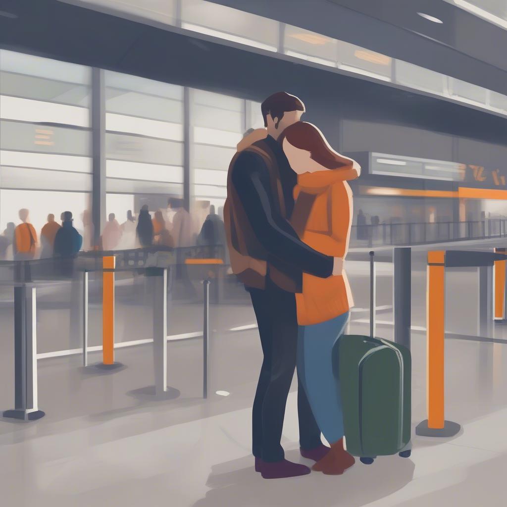 Couple embracing joyfully at the airport