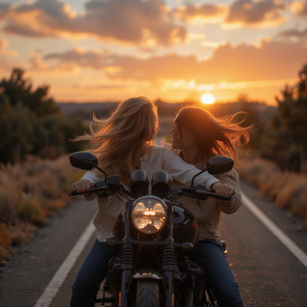 Couple Riding Motorbike Sunset Road Trip