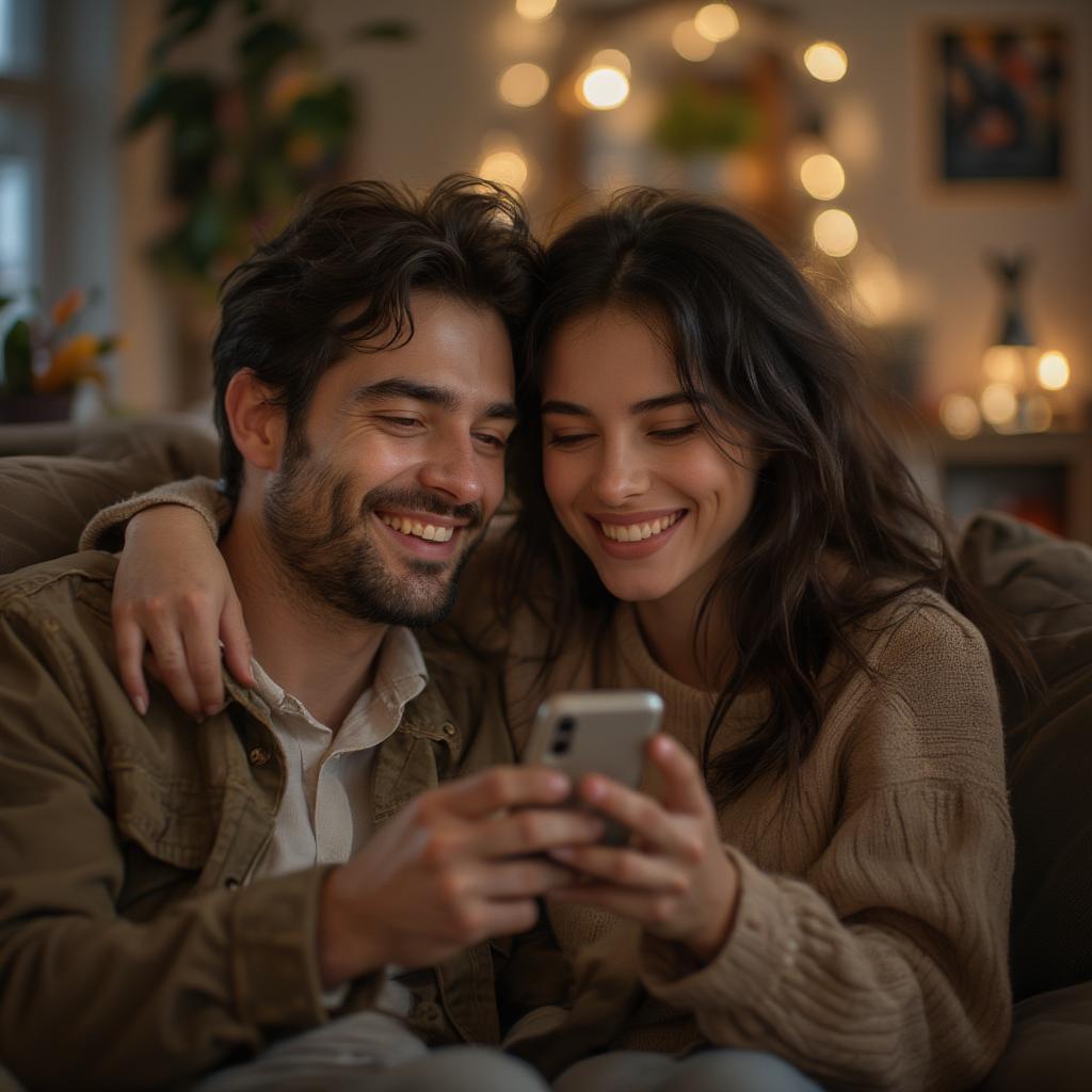 Couple sharing a phone and laughing together at a funny love quote