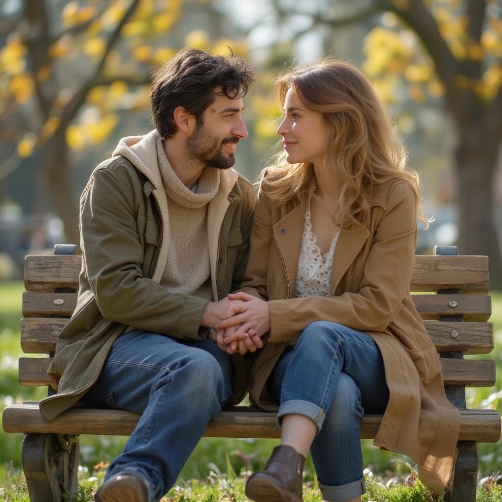 Couple Talking and Holding Hands in a Park