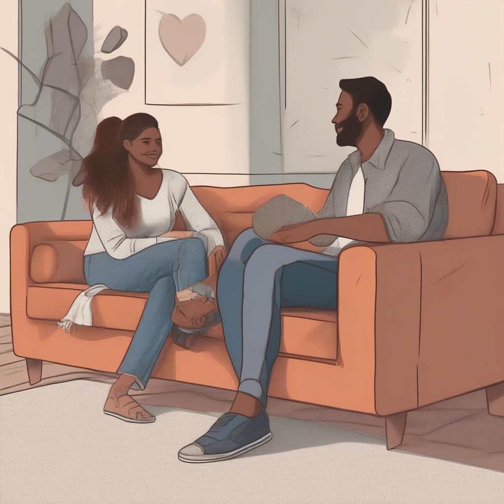 Couple sitting on a couch, talking openly and honestly.