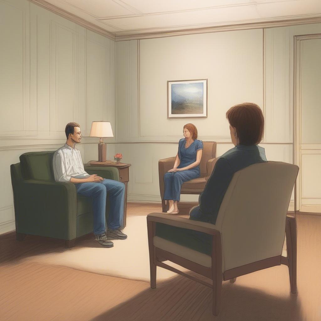 A couple sits facing a therapist in a comfortable office setting.