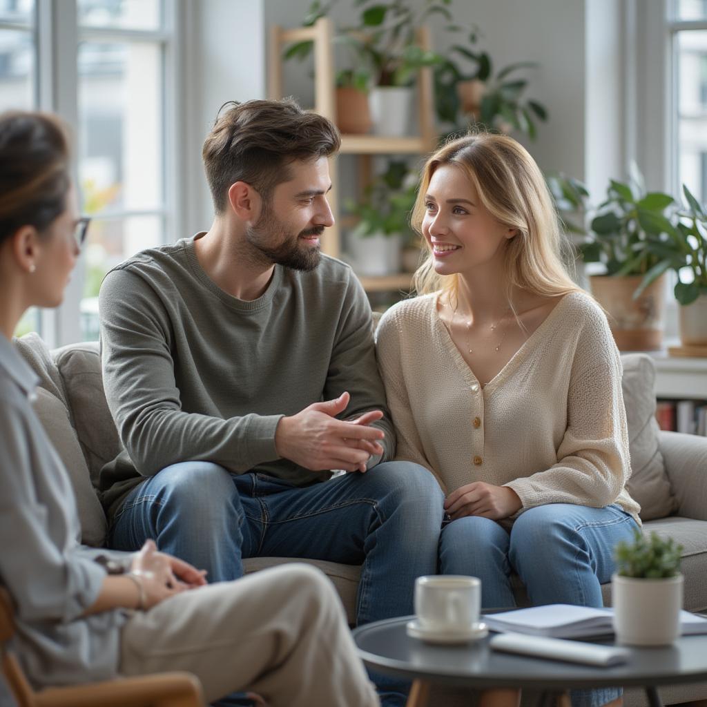 Couple Therapy Session: A couple talking to a therapist, demonstrating the importance of seeking professional help.