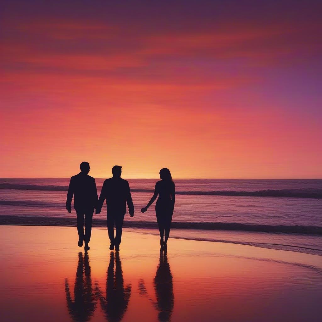 A couple walking hand-in-hand on a beach at sunset.