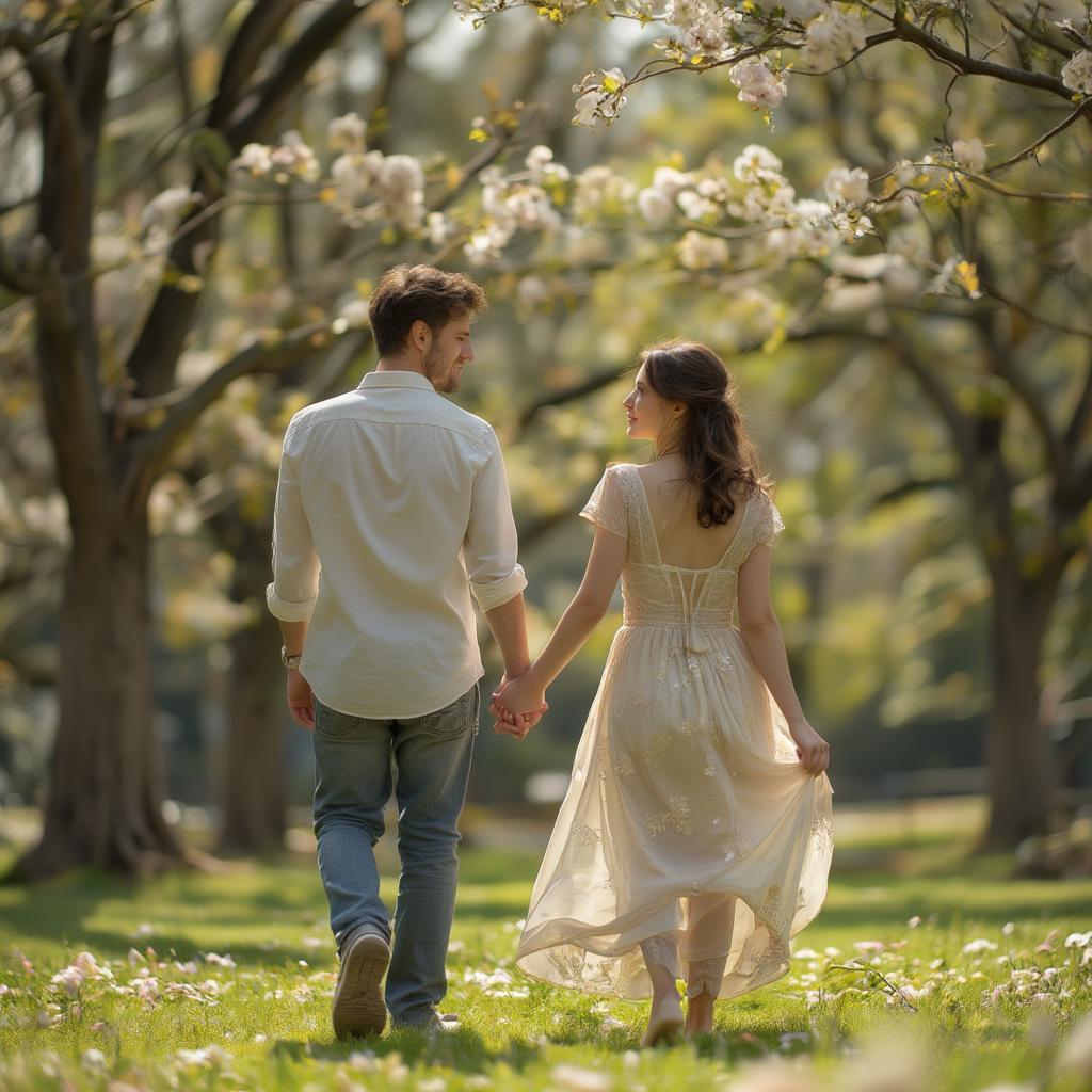 A couple walking hand in hand in a beautiful park