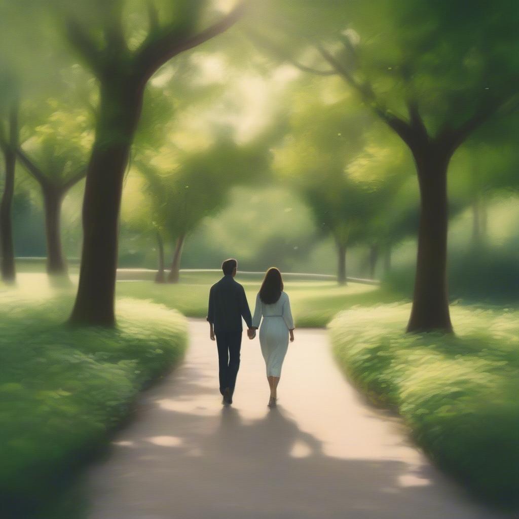 Couple holding hands and walking through a park, surrounded by greenery