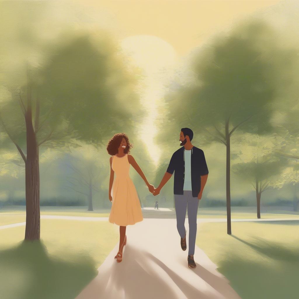 Couple walking hand in hand in a park