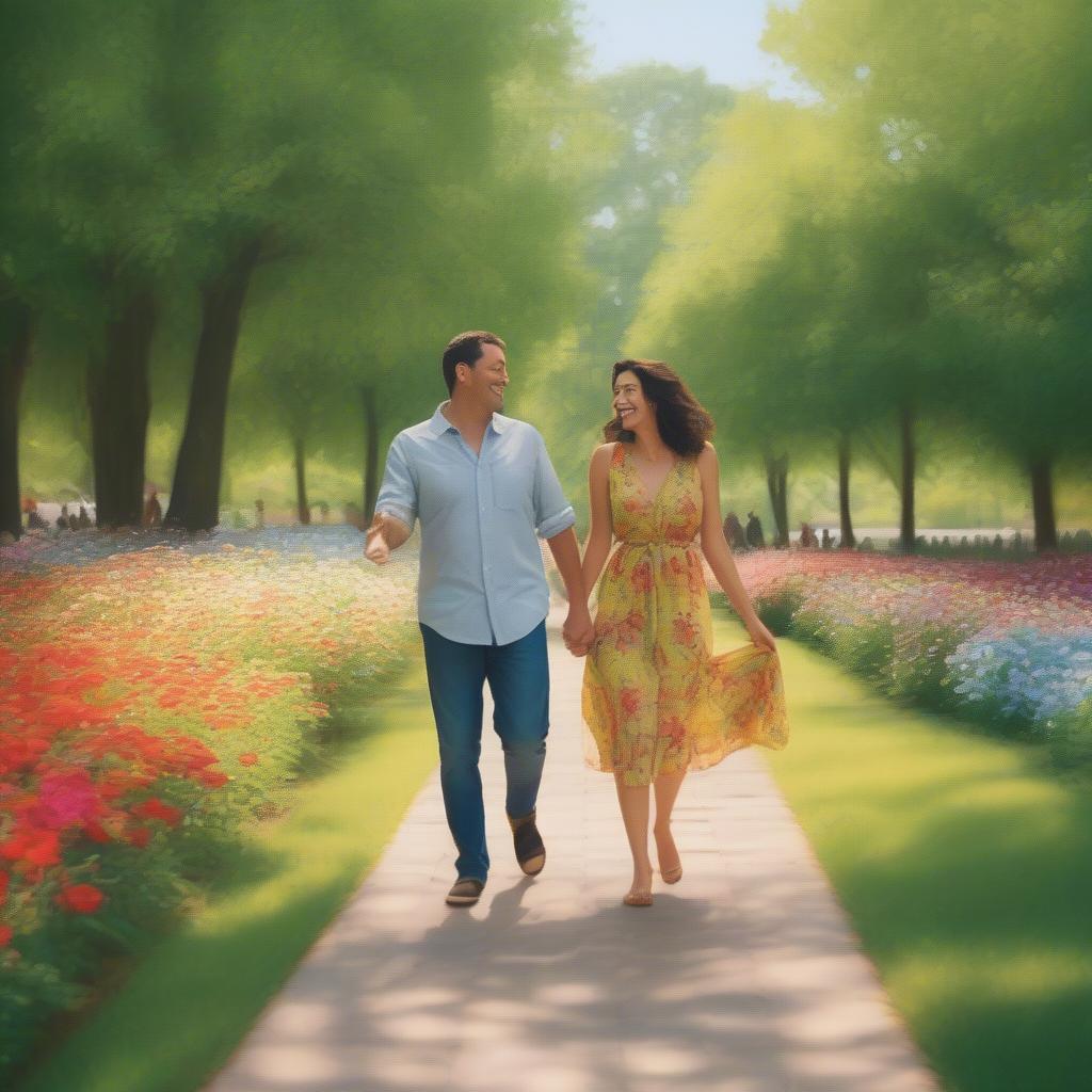 Couple walking hand-in-hand in a park