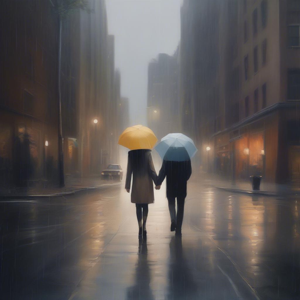 Couple walking hand-in-hand in the rain.