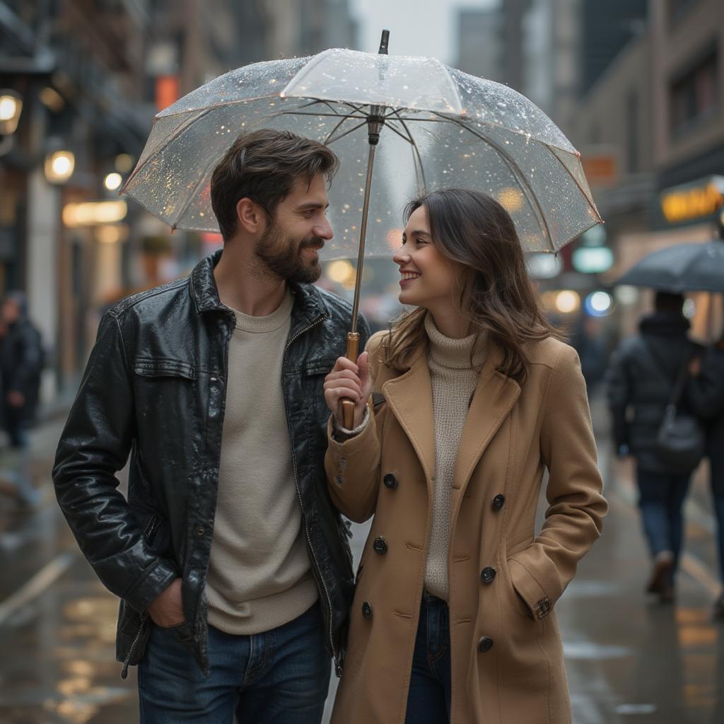 Couple Walking Together Under an Umbrella in the Rain