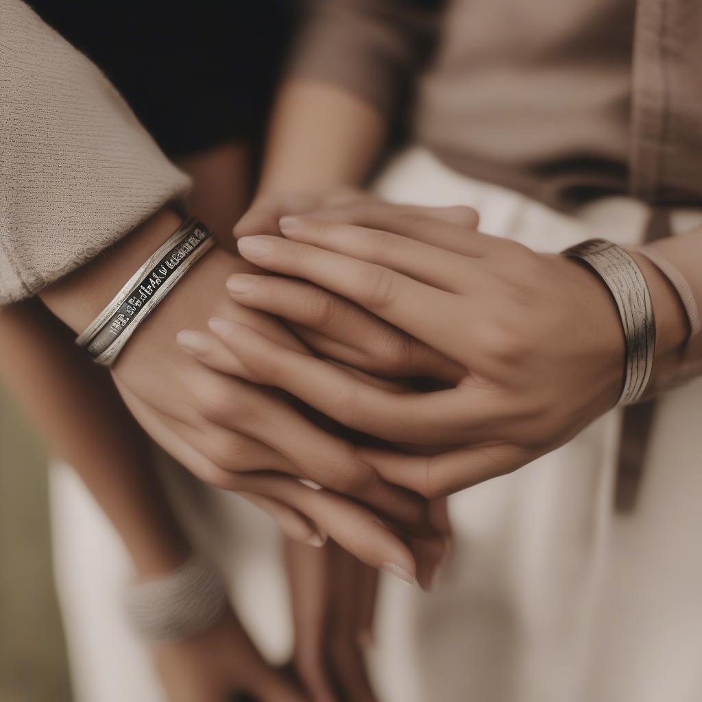 Couple wearing matching bangles with love quotes