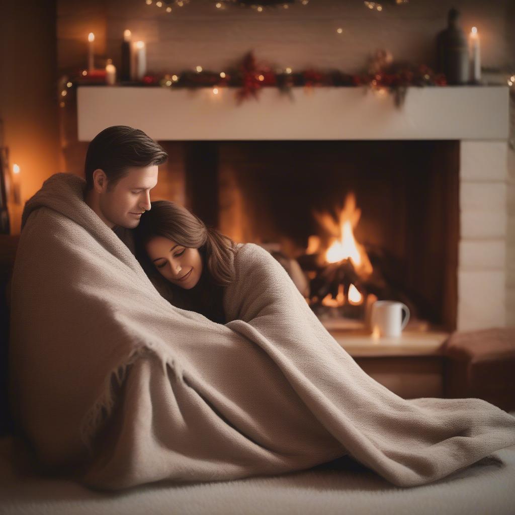 Couple snuggling by a fireplace during a chilly autumn evening