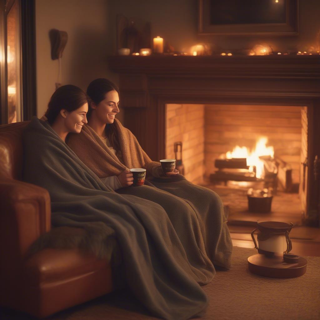 Couple cuddled together by a fireplace on a cozy September evening