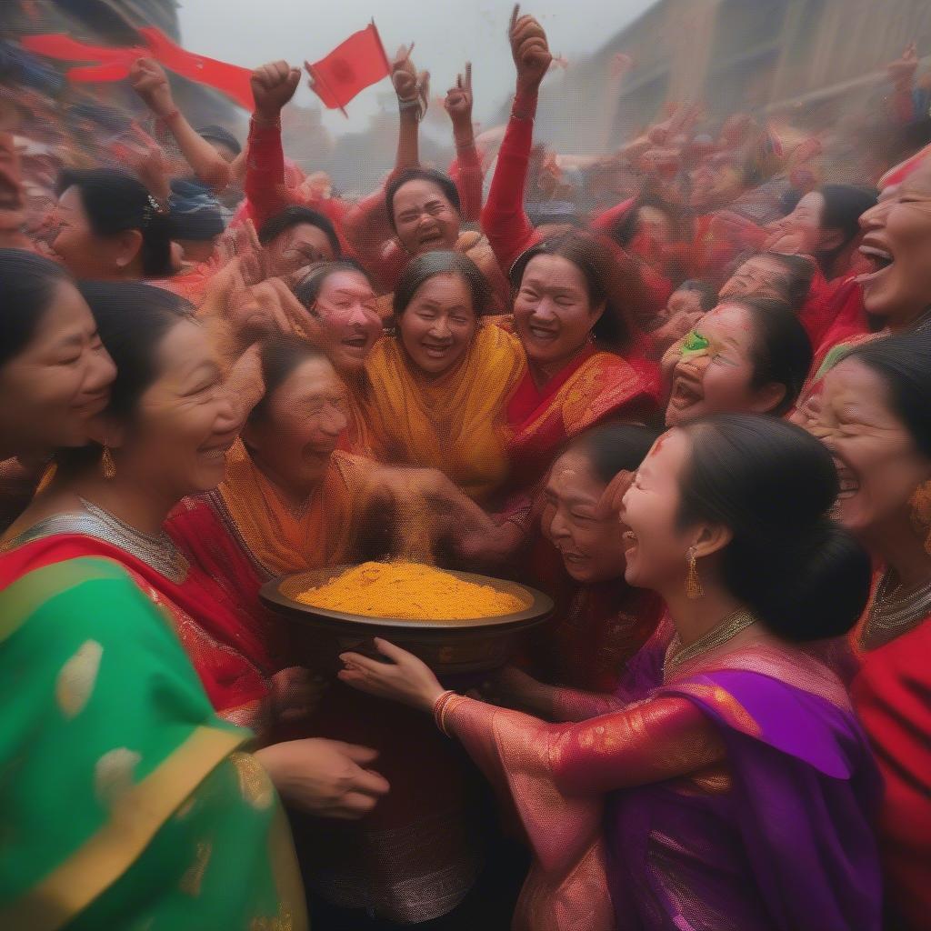 People celebrating a traditional festival in their native country, showcasing vibrant colors and cultural symbols