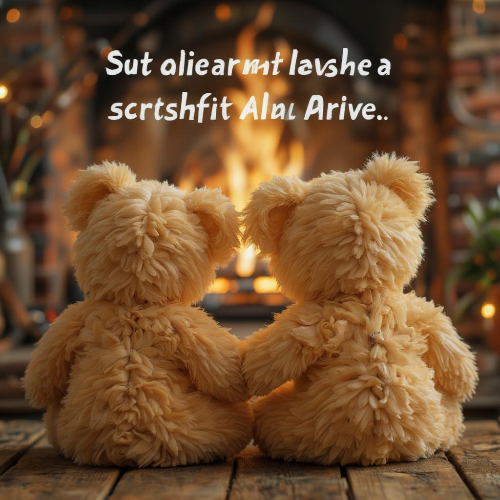 Cute One Line Love Quotes: Two teddy bears sitting side by side, holding hands. The background is a blurred image of a cozy fireplace.