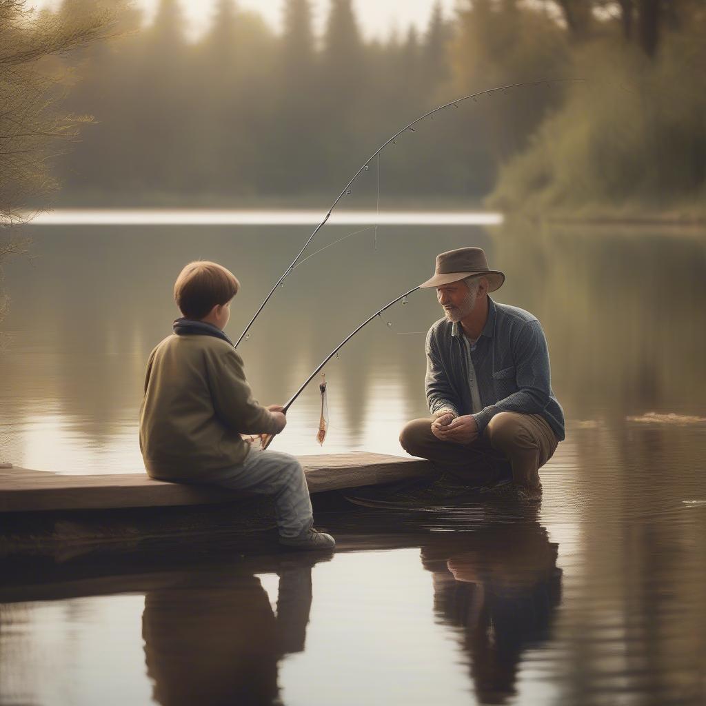 A father teaches his young son how to fish, sharing quality time and life lessons.