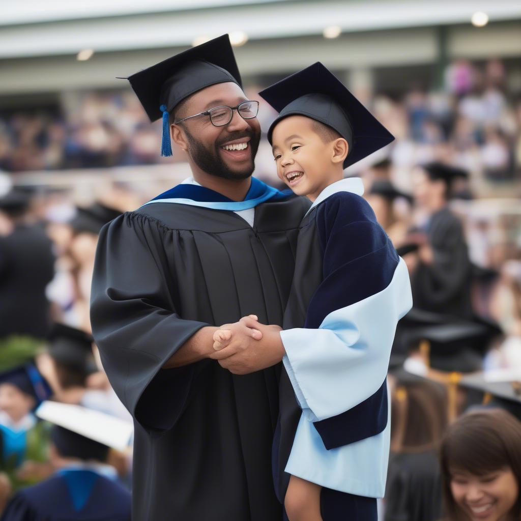 A proud father celebrates his son's graduation, marking a significant milestone in his life.