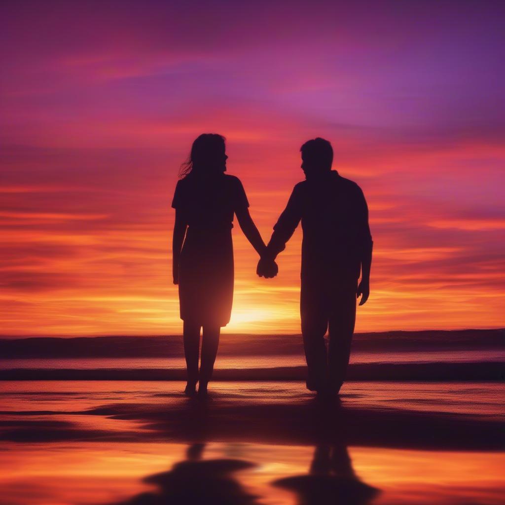 Couple holding hands with a beautiful sunset in the background