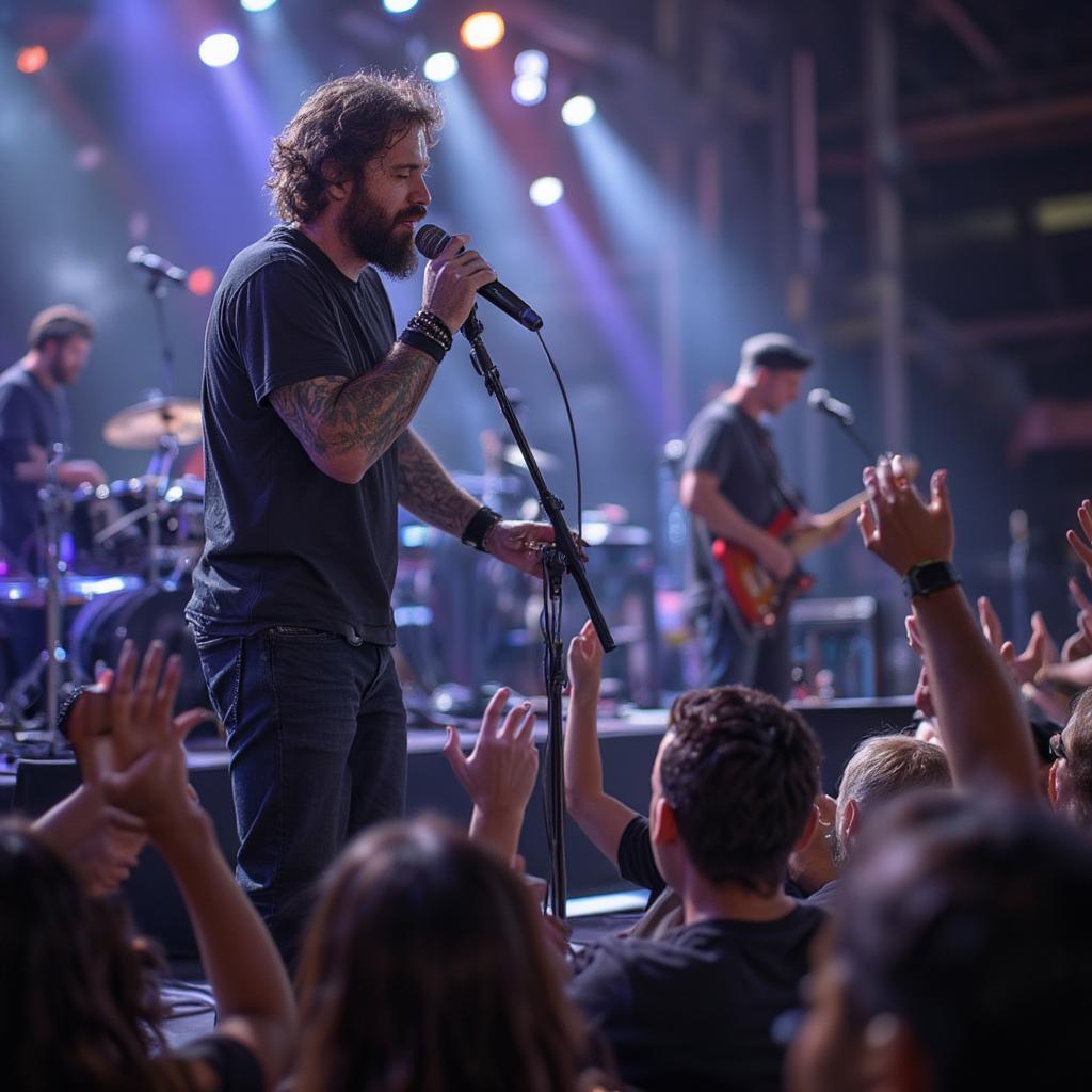 David Crowder Band performing How He Loves on a stage with vibrant lighting