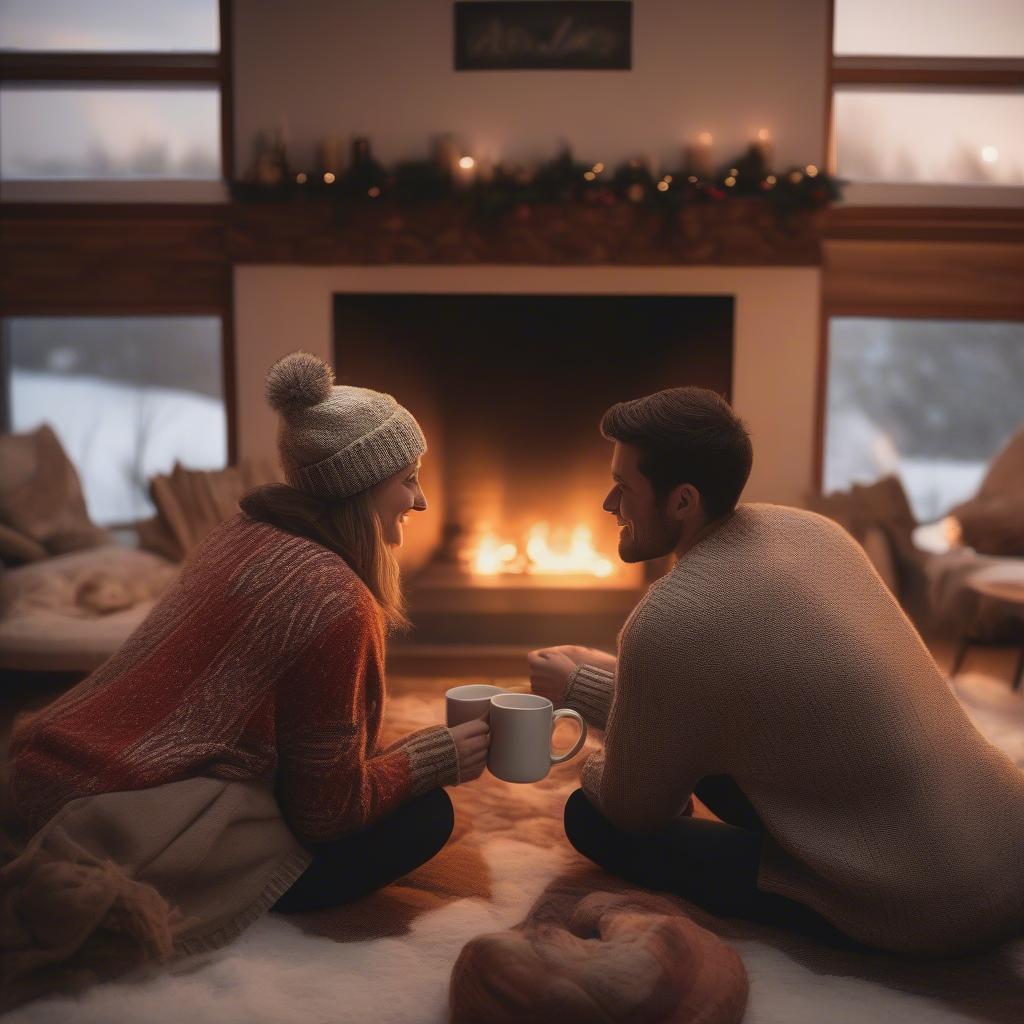 Couple cuddling by a fireplace, exchanging loving glances on a snowy December evening