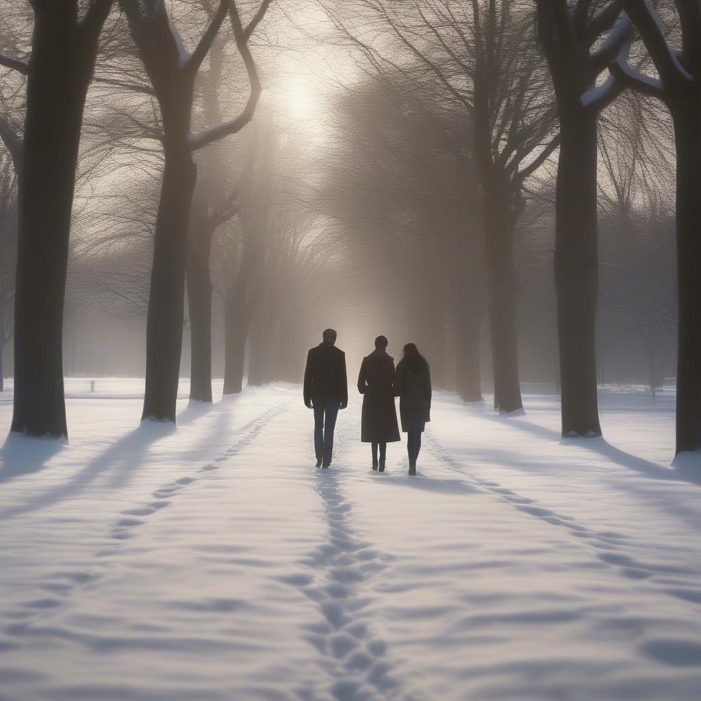 Couple holding hands, walking through a snow-covered park in December