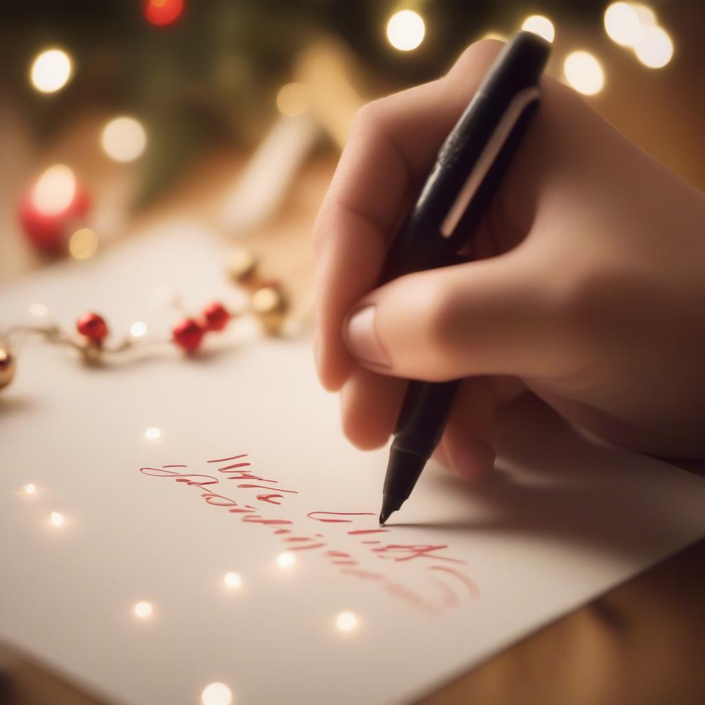 Person writing a heartfelt message in a Christmas card, with warm lighting and festive decorations in the background