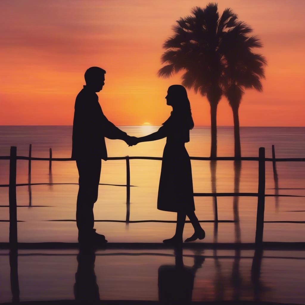 Couple holding hands looking at sunset