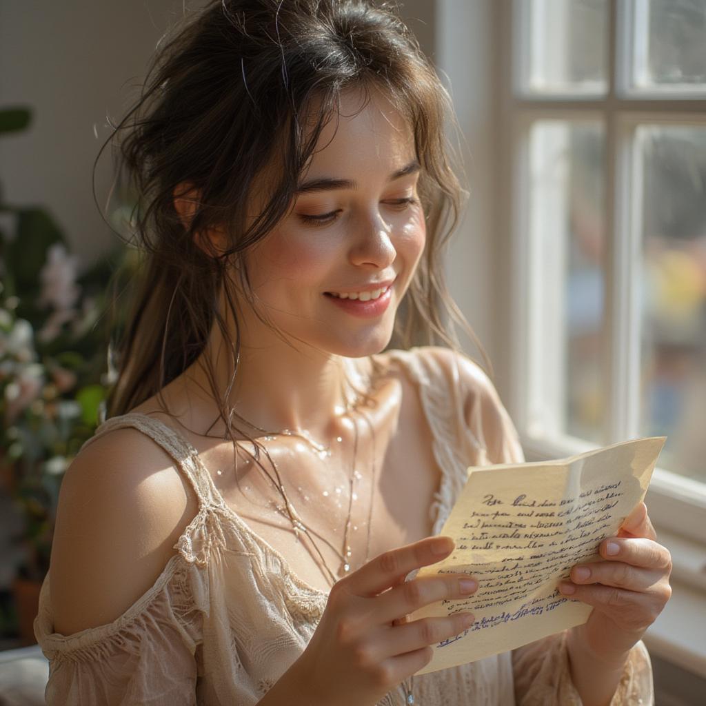 A Woman Reading a Love Letter with a Soft Smile