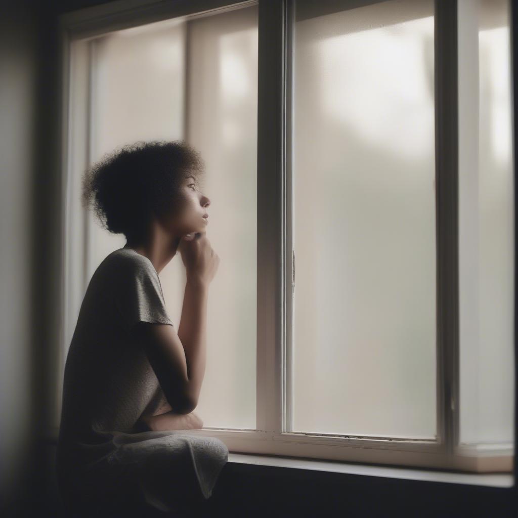 Detaching from unrequited love: A person looking out a window contemplatively, symbolizing the process of letting go and focusing on self-reflection.