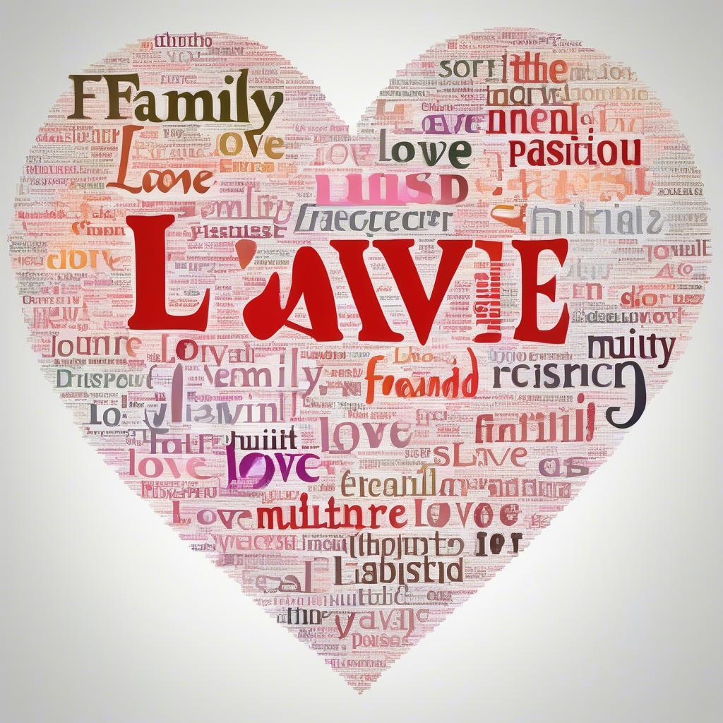 Heart-shaped word cloud depicting various forms of love.