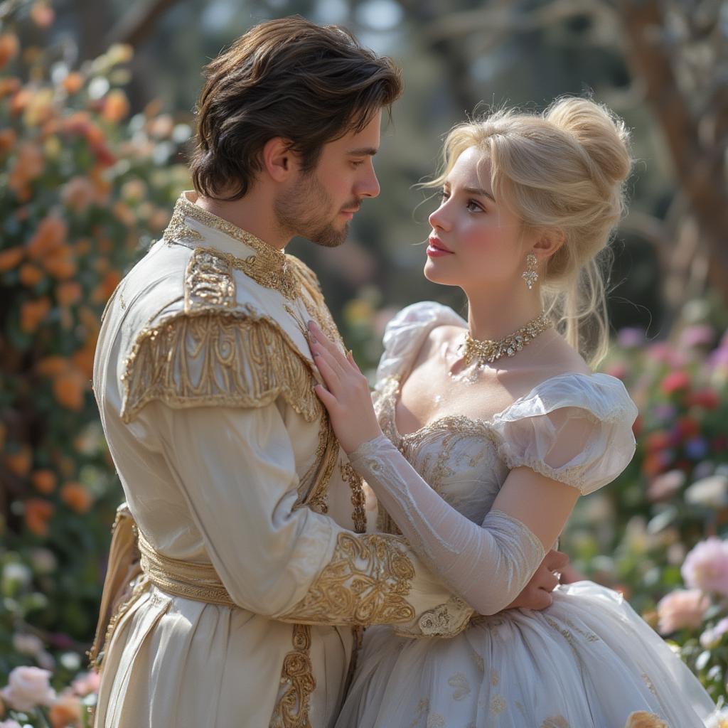 Cinderella and Prince Charming share a romantic dance, embodying a classic Disney fairytale.