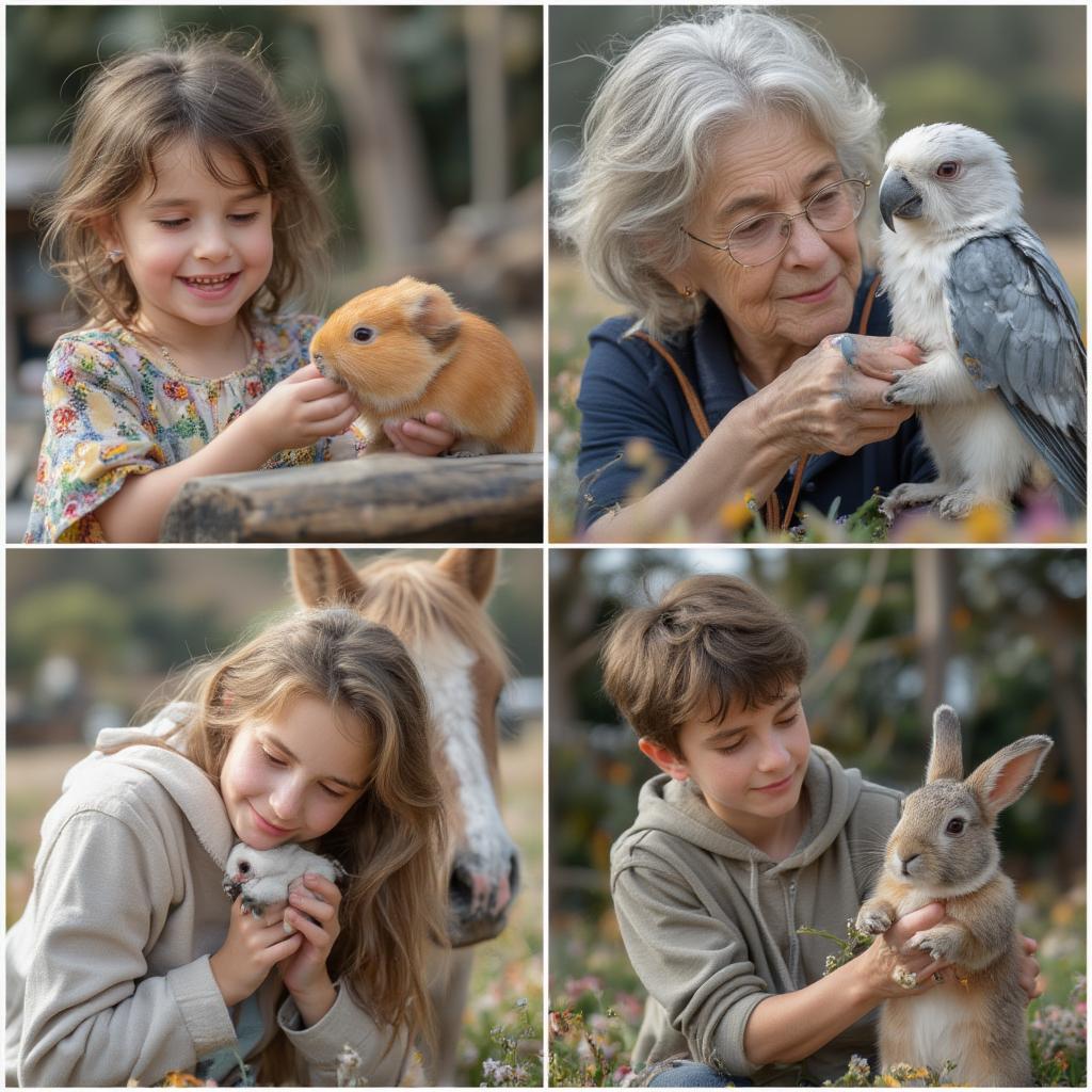 Diverse pet love: A montage of different people with their various pets