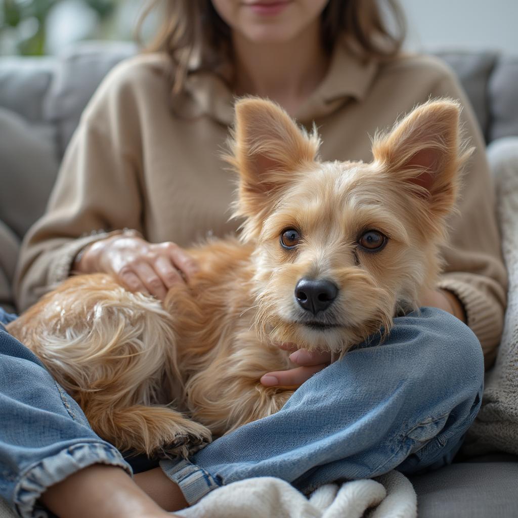 Dog cuddling with owner on a sofa, showing affection.